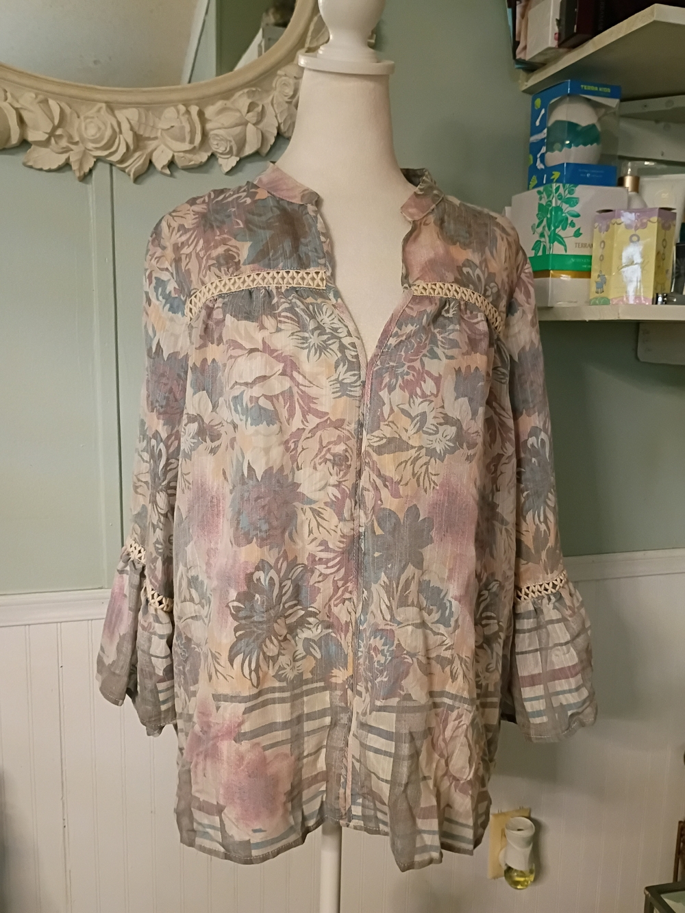 new directions Pastel Floral Crochet-Trim Tunic - Blue, Pink, Cream